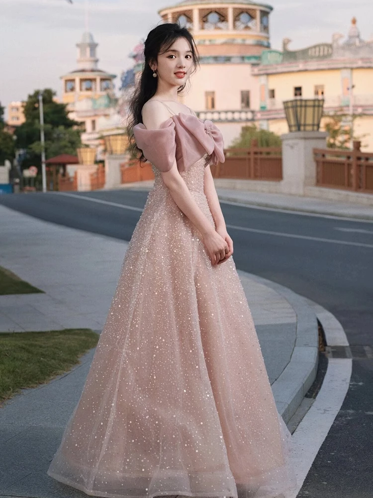 

Strapless Heavy Sequin Evening Dresses Front Chic Design Bow Tassel Floor-Length Celebrity Dress Slim Waist Strap Vestidos 2025