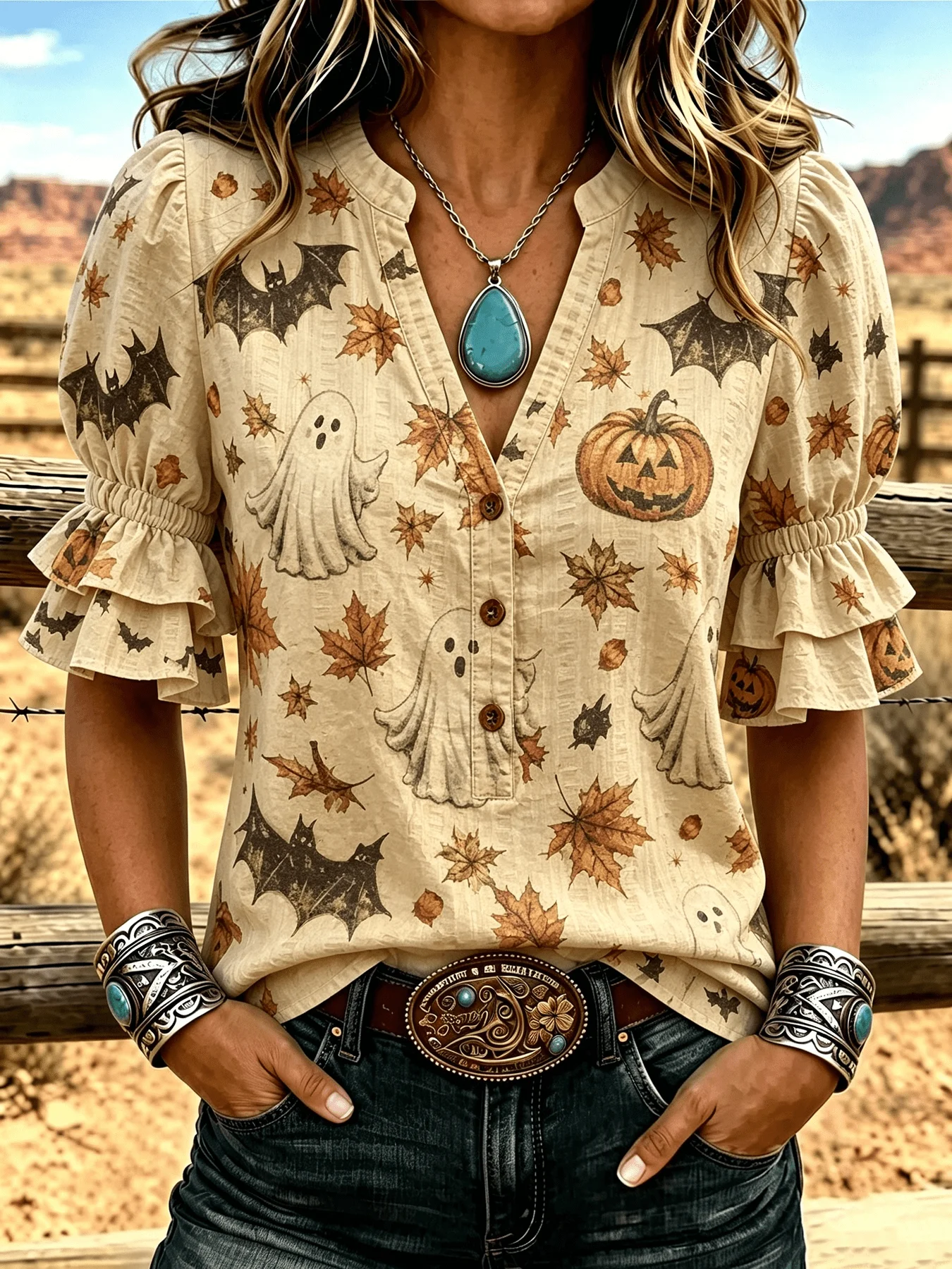Women's Vintage Ghost Bat Maple Leaf Pumpkin Halloween All-Over Print Notched Collar Double Ruffle Short Sleeve Blouse