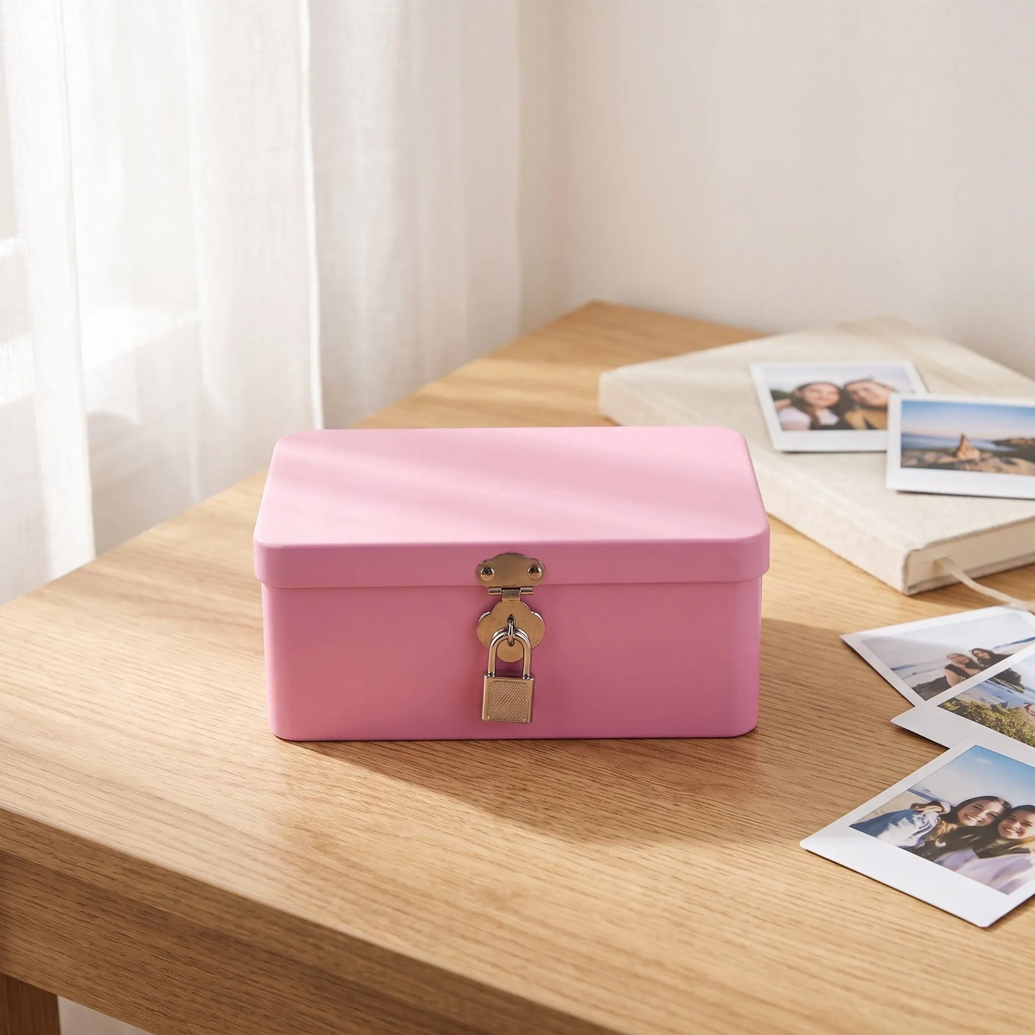 Portable Vintage Tinplate Storage Box Lockable Desktop Storage Canister Retro Pink Decorative Secret Case Letter Paper Container