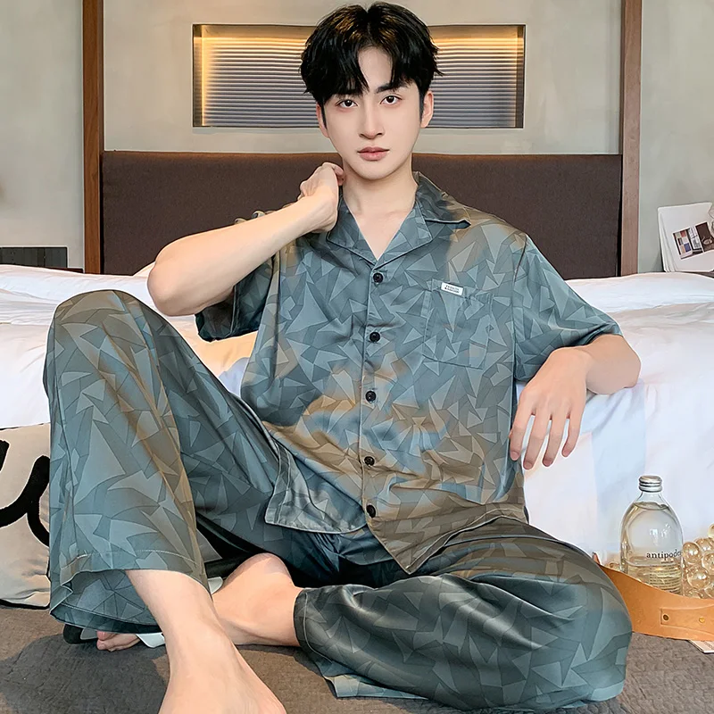 Mens Silk Imitation Pajamas Set Summer Short Sleeve Cardigan Tops Long Pants Pyjamas Male Sleepwear Geometric Print Loungewear