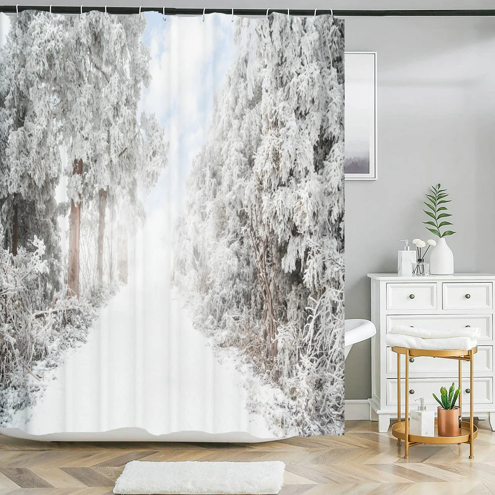 snow cedar scenery Printed shower curtain Christmas bath curtain waterproof fabric bathroom curtain with Hook for home decor