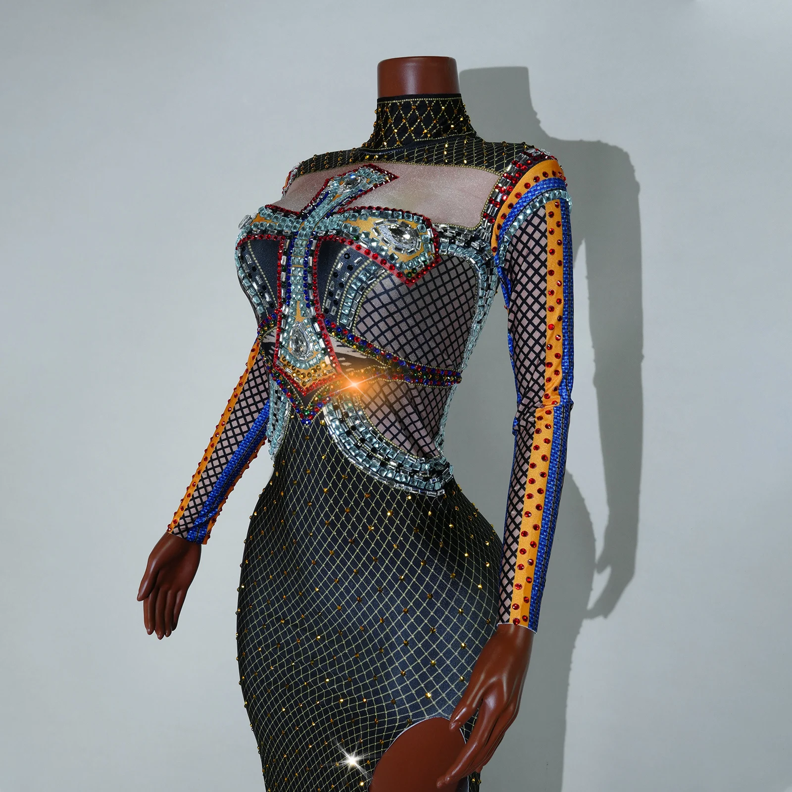 럭셔리 스파클 라인스톤 할로윈 롱 드레스 (테일 포함) 섹시 파티 클럽 DS 댄스 공연 드랙퀸 무대 페스티벌 의상