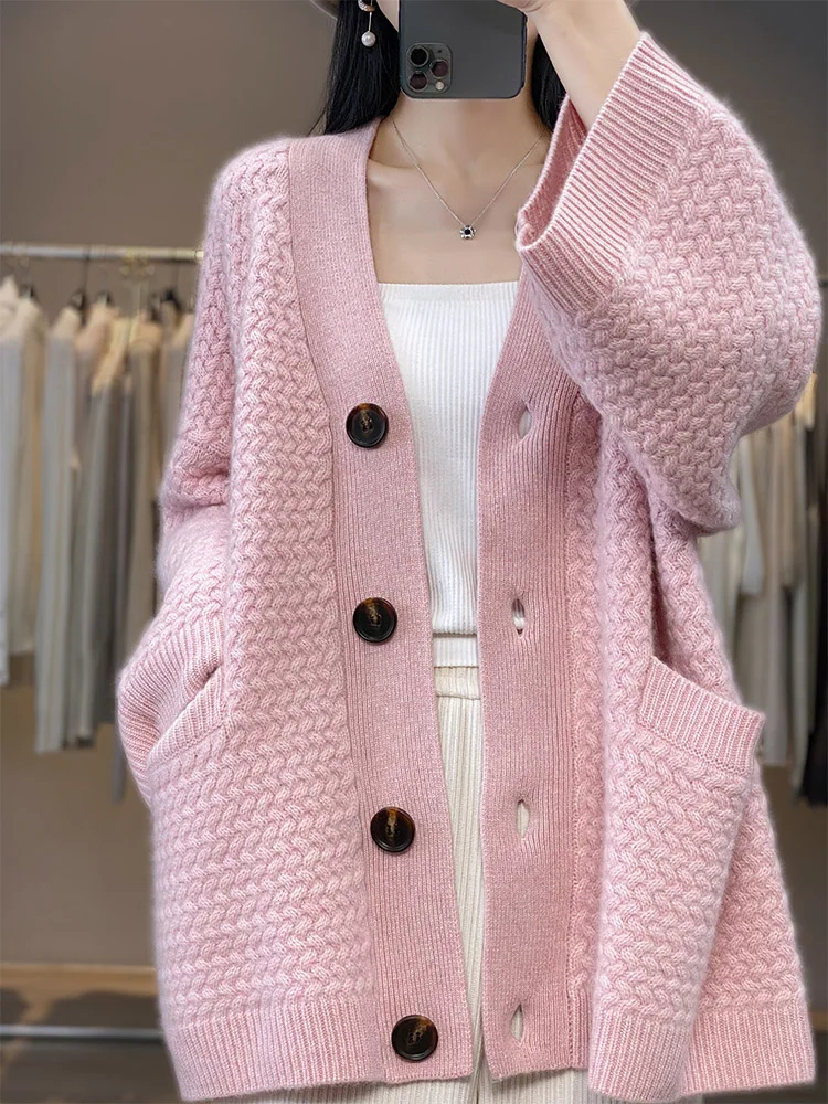 

Fashion Autumn Winter Sweater Cardigan Womens Clothes 100% Merino Wool Sweater Coat Blushing Pink Overcoat Thick Warm Outerwear