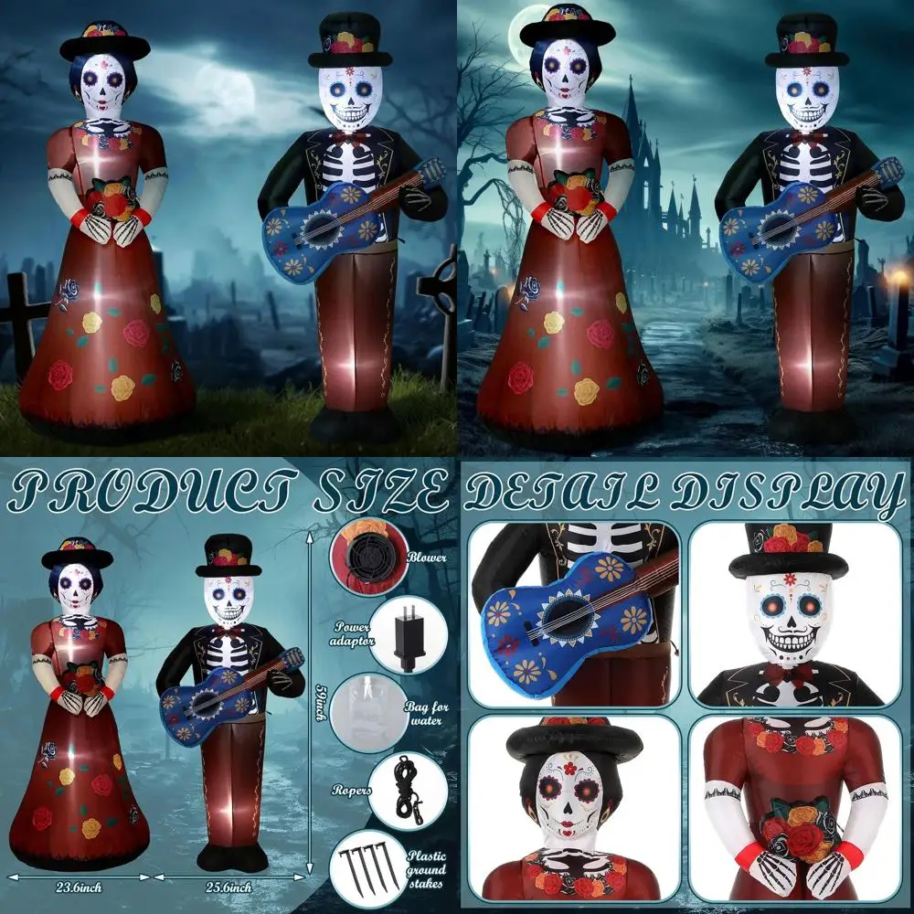 

4.9ft Dia De Los Muertos Lighted Inflatable Sugar Skull Couple for Halloween & Day of the Dead Lawn Decor