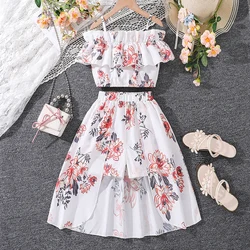 Kids Clothes Sets For Girls White Printed Halter Boat Neck Top & Skirt New Design Resort Style Beach Dress For 8-12 Ys Children