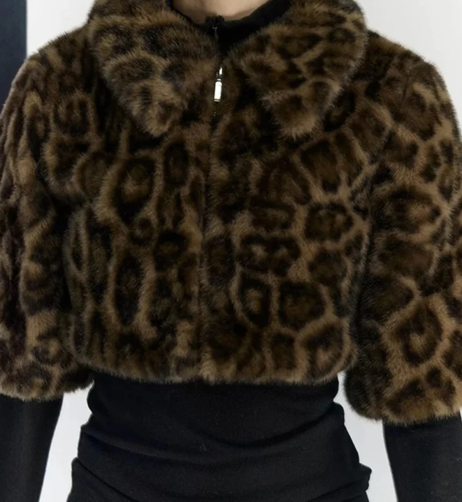 المألوف قصيرة سستة طوق ليوبارد طباعة سترة ألياف البوليستر الشارع نمط الخريف الشتاء جديد وصول المرأة معطف فوقي #3