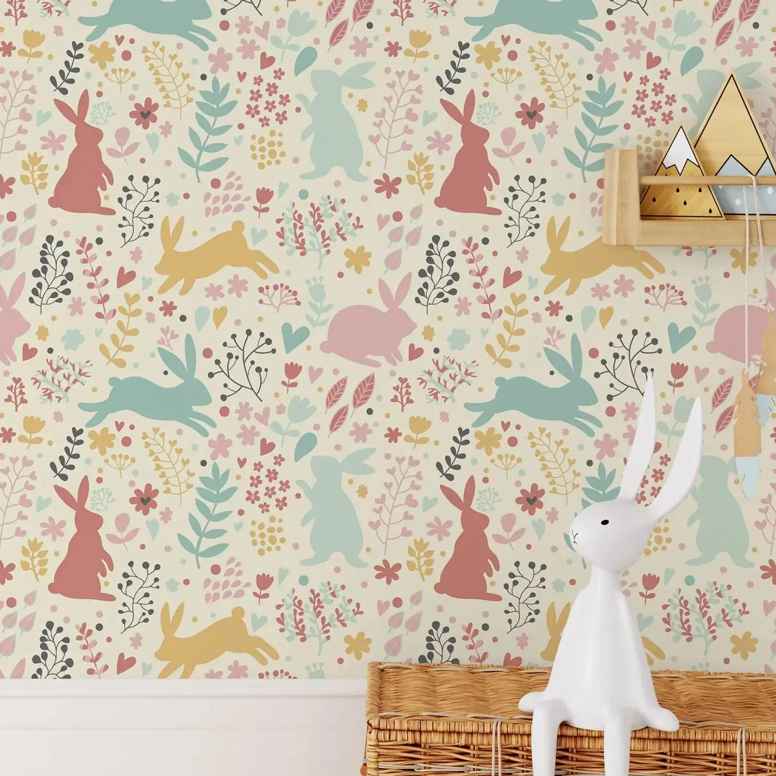 Cute Rabbits Kids Wallpaper,Self Adhesive Forest Animals Wall paper,Cartoon Style Girls Wall Mural.Peel and Stick Or Traditional