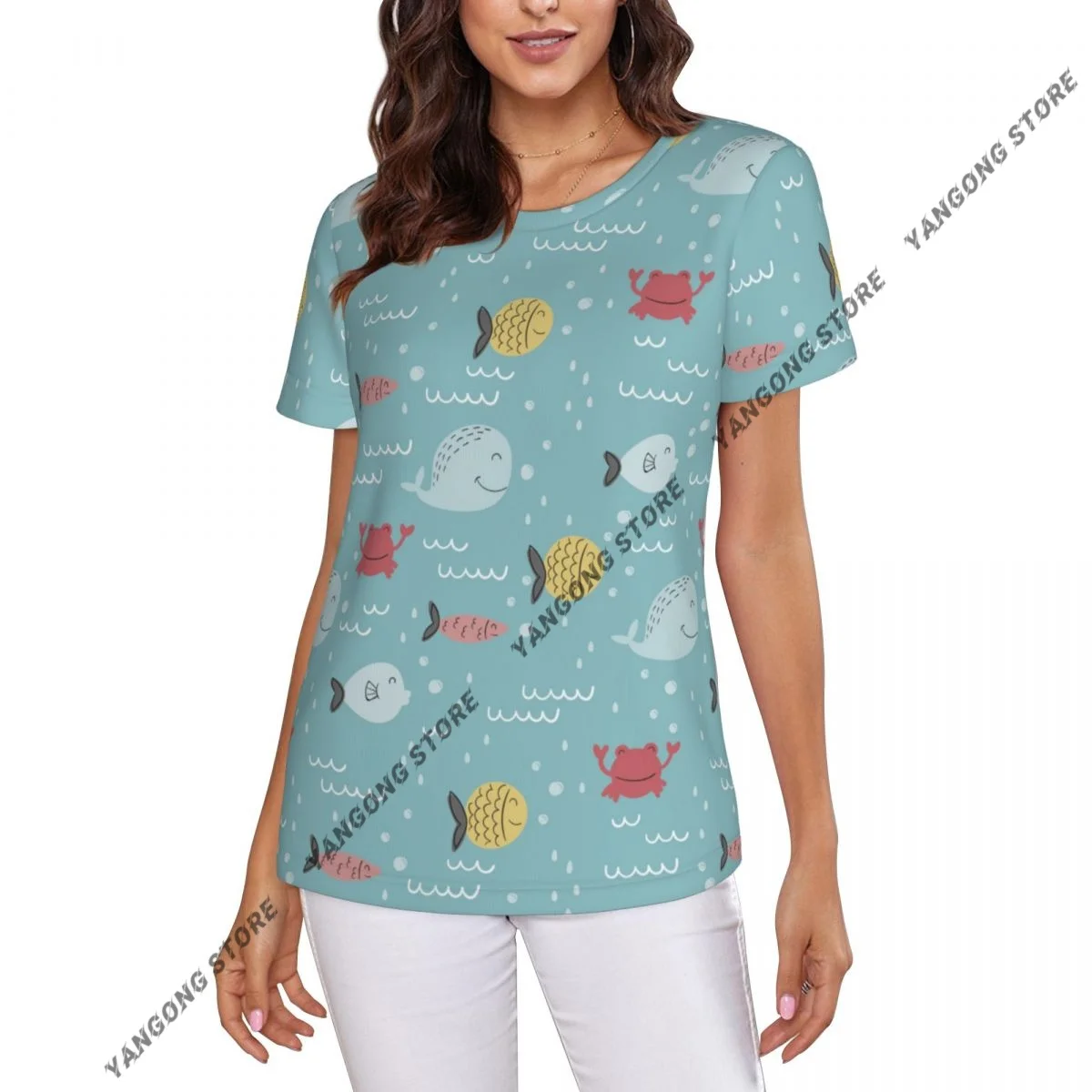 Casual Summer Woman Skinny Fit T-shirt Tight Short-Sleeve O-neck Tee Basic Hand Drawn Fish T Shirt