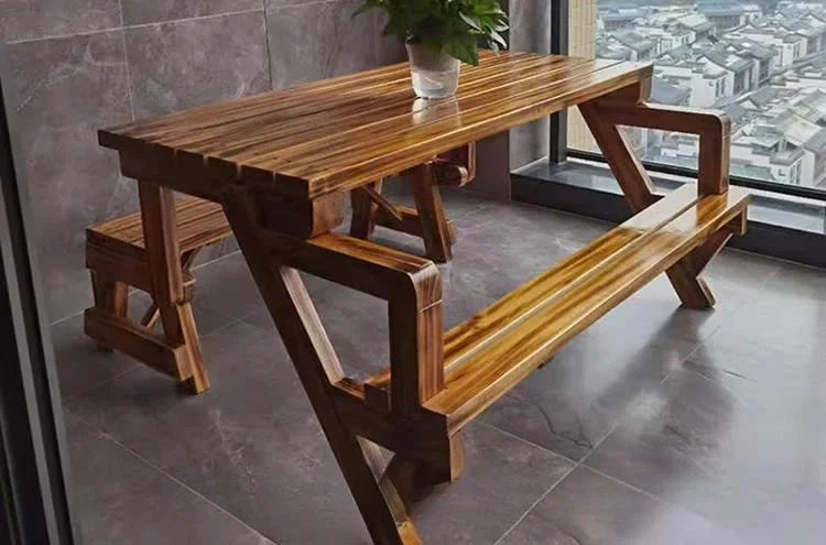 

Arrange a connected tea table, chair, outdoor anti-corrosion wood, waterproof and sunscreen rectangular folding table