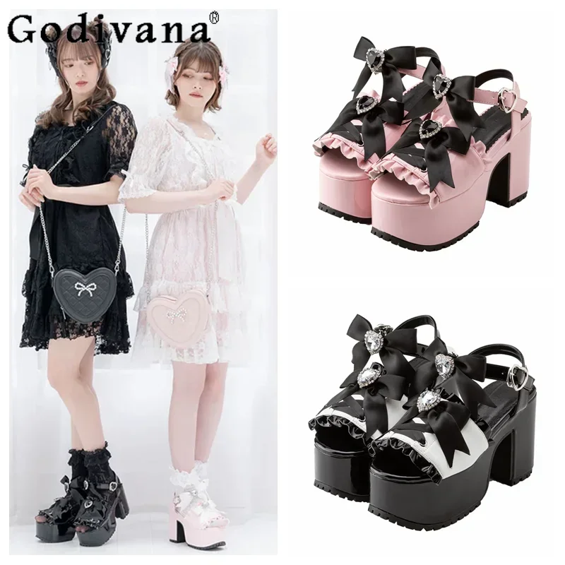 

Japanese Ins Trendy Sweet Bow Chunky Heel Ladies Waterproof Platform Lolita Mine Shoes Women's Fish Mouth Sandals High Heels