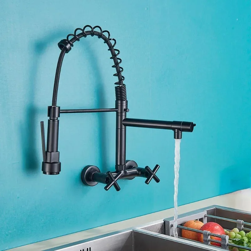 Kitchen Faucet Dual Handles Hot&Cold Mixer Water Tap Wall Mounted  Swivel Spout Spring Pull Down Faucets