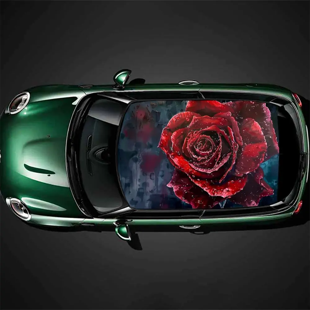 Beautiful Blooming Red Roses Car Roof Sticker Wrap Racing SUV Auto Accessories Packaging PVC Car Hood Graphic Decal Decor Gift