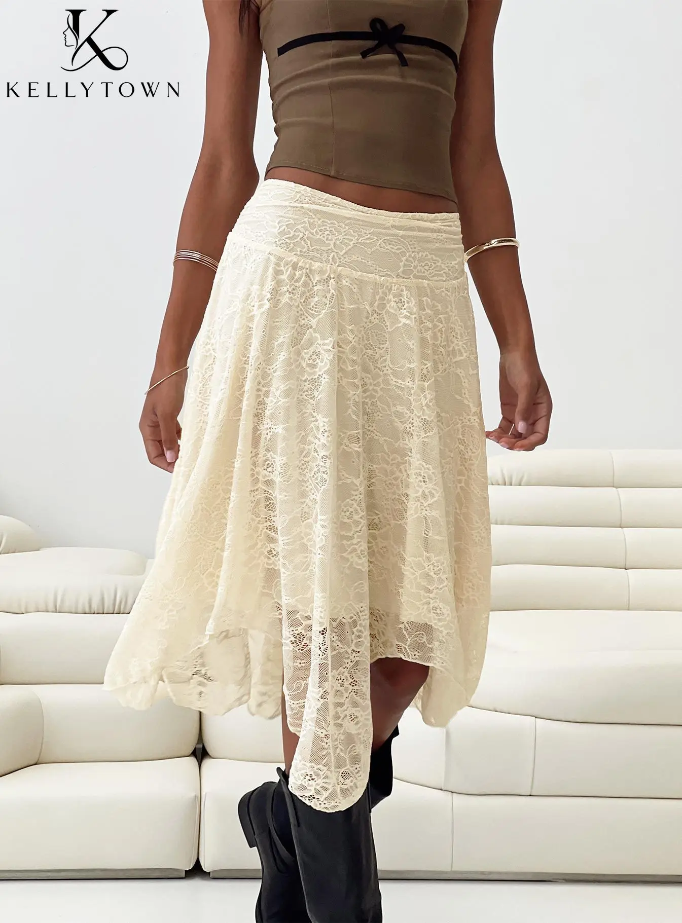 Jupe Chic en Dentelle pour Femme, Ourlet Asymétrique, Jupe Noire Unie Taille Haute Coupe Trapèze, Tenue de Ville Tendance, Jupe Slim 2026