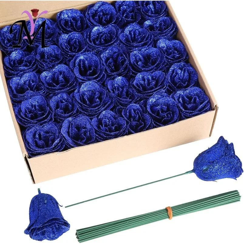 RoseVAULT Blue Sparkle Glitter Flowers Artificial Roses with Stems for Crafts Wedding Bouquet Party Home Outdoor Valentine's Day