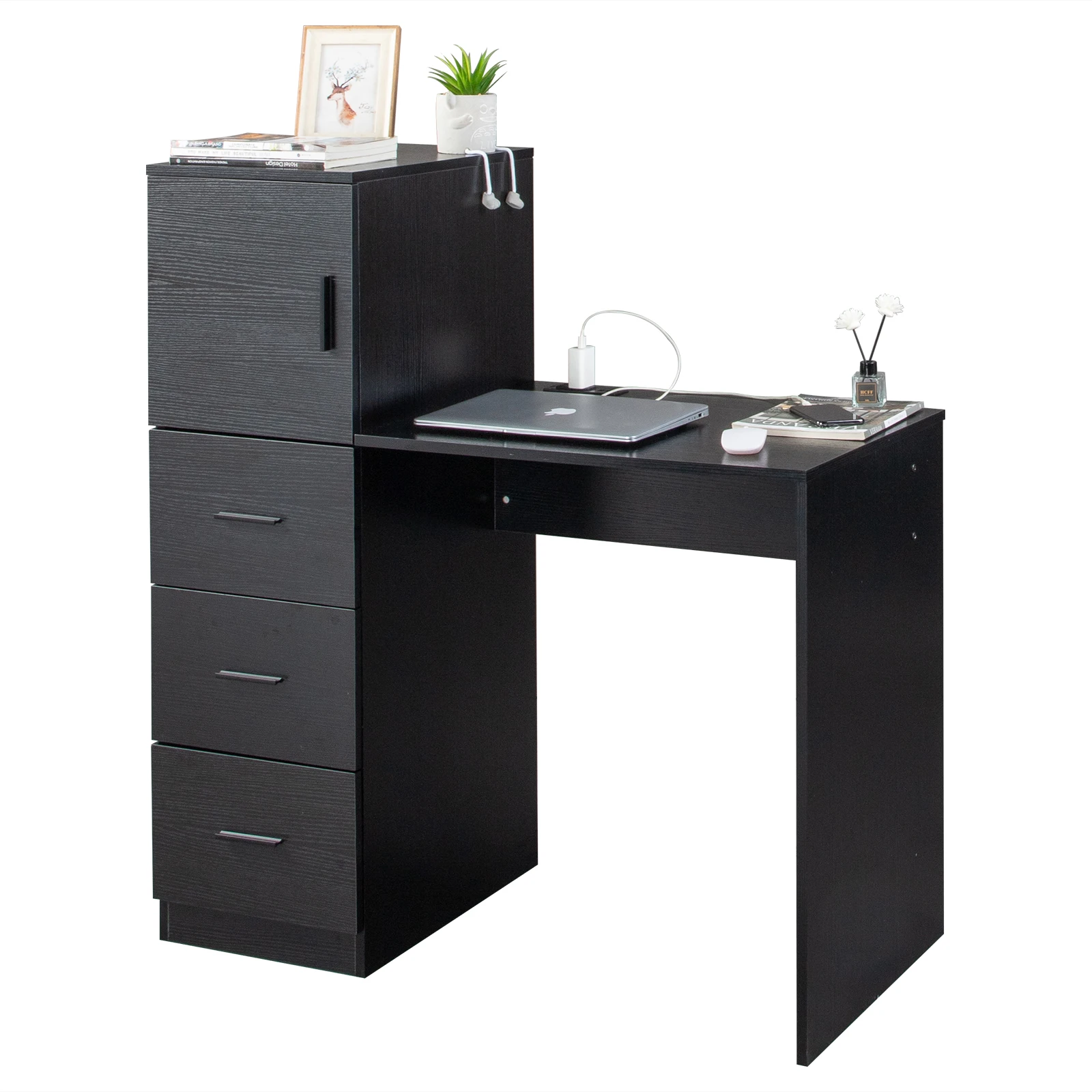 

Black embossed particle board with melamine H-type 104.5*49*120cm, one door and three drawers, computer desk, 2 USBs, 2 power so