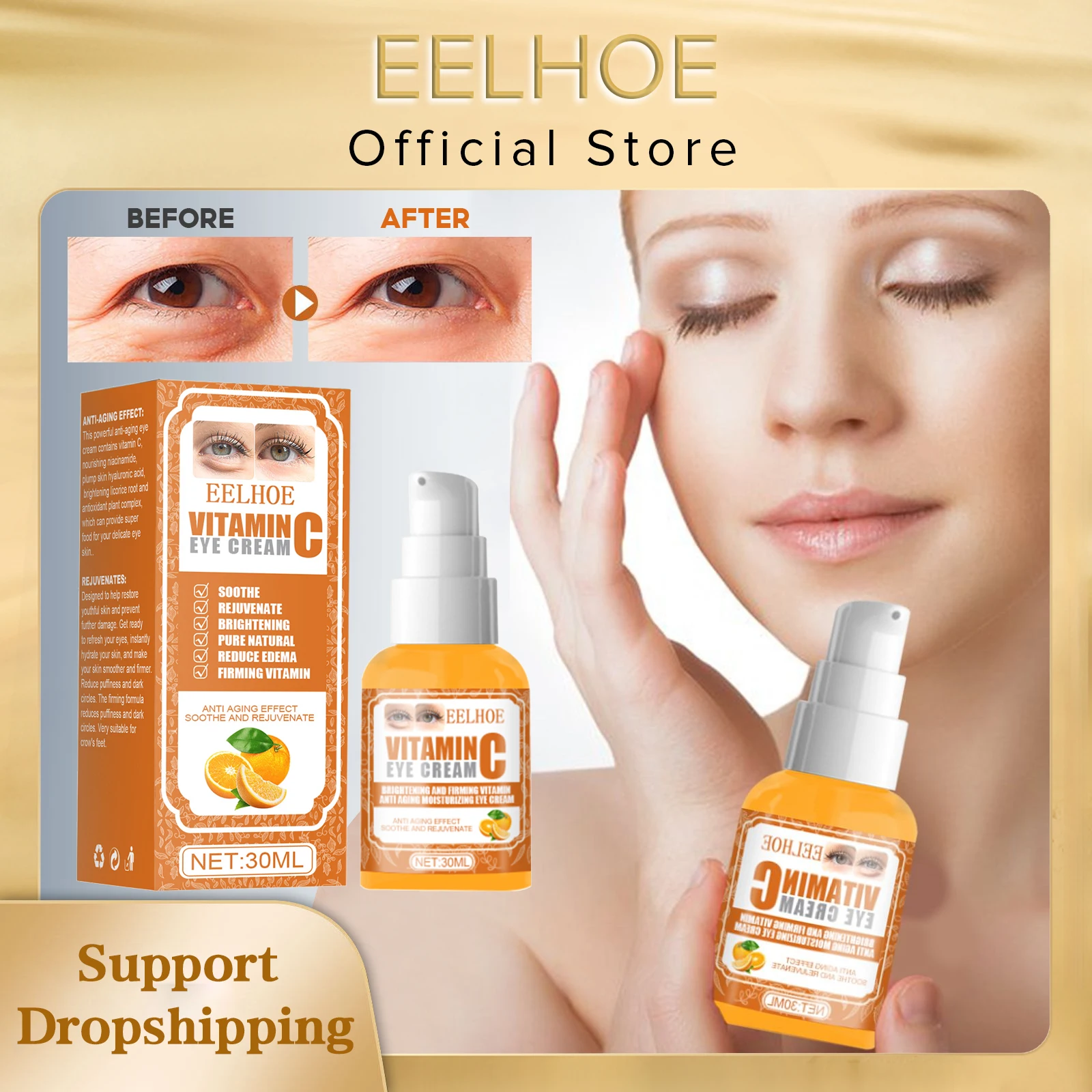 EELHOE Vitamin C Eye Cream Remove Dark Circles Nourish Lighten Spot Fade Fine Lines Repair Eye Bags Moisturize Facial Care Cream