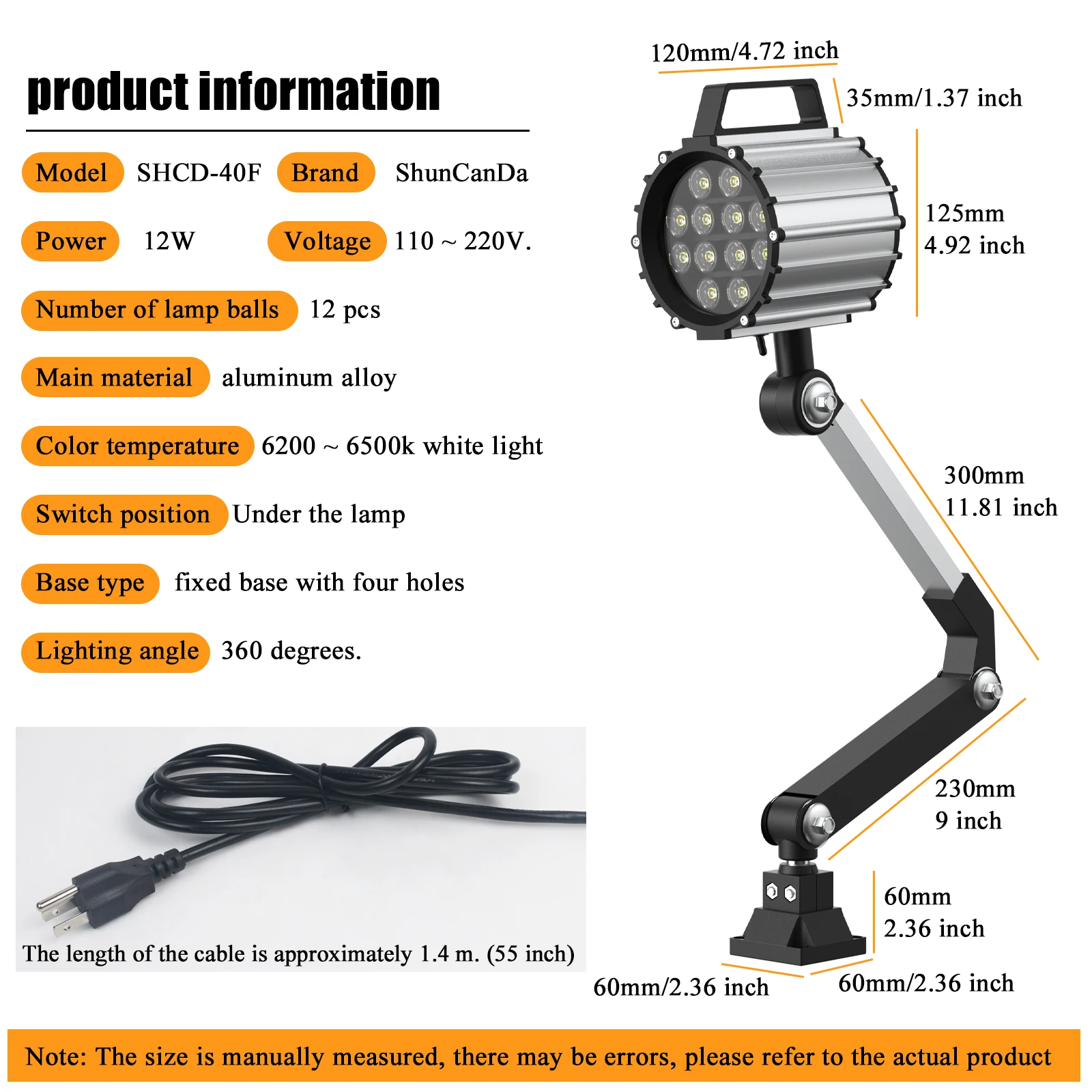 LED工作機械,固定ベース,旋盤,ガレージフライス盤,長い腕用,12W, 220v,cnc照明