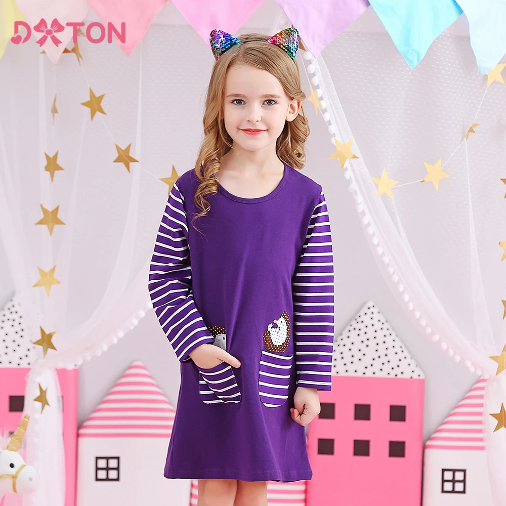 DXTON Baby Girls Dresses Autumn Winter Long Sleeve Kids Dress Kangaroo Cartoon Children Dress With Pocket Stripe Casual Clothing