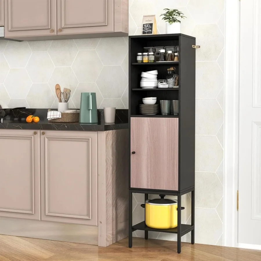 

57 Inch Bathroom Tall Cabinet with 1 Door and 4 Shelves Narrow Storage Unit