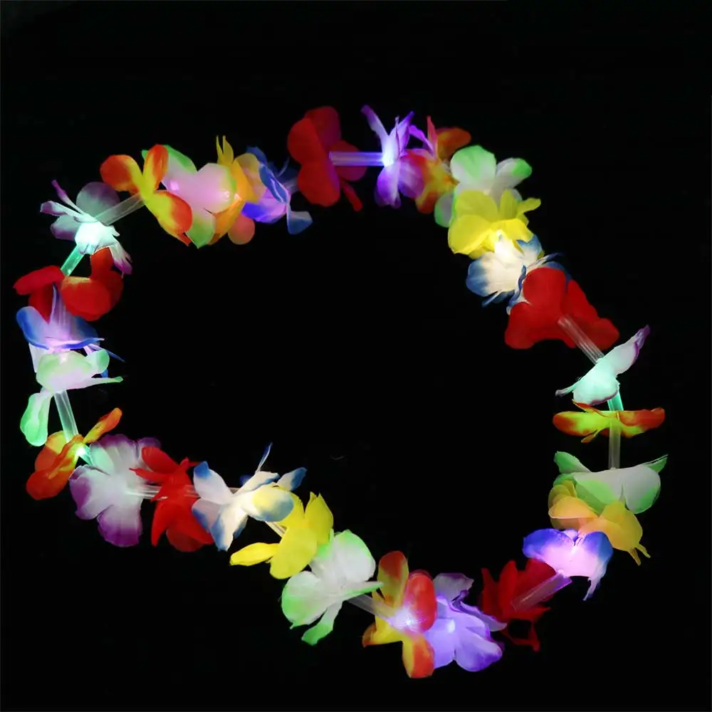 Glow In The Dark LED Necklace Artificial Flower Tropical Design Hawaii Lei Rainbow Lei Light Up Glow Necklace Carnival Party