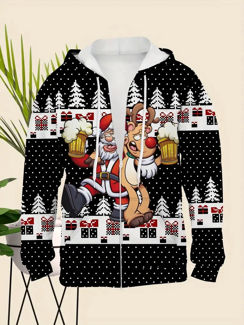 2024 Christmas Men\'s Funny Zip Up Hoodies Unisex 3d Printed Winter Snowman Santa Claus Sweatshirt Harajuku Y2k Fashion Men Coat