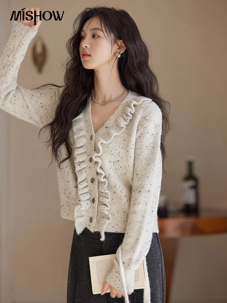 MISHOW Ear Fungus Edge Knitted Cardigan Long Sleeve Coat Winter Outerwears Button Design V-Neck Fashion Gentle Top MXD55Z1049