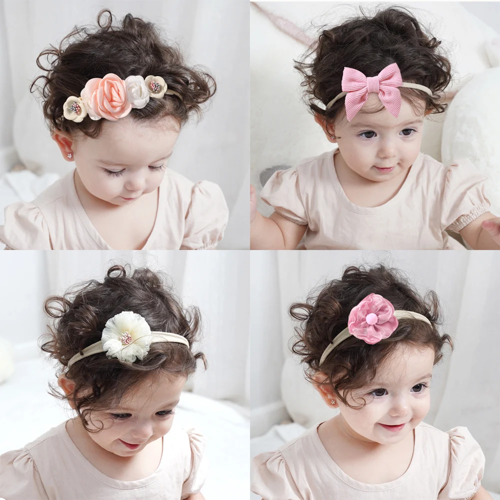 Sweet Baby Elastic Nylon Headband Newborn Flower Lace Bow Hair Bands for Girl Infant Toddler Soft Babe Hair Accessories 5pcs/set