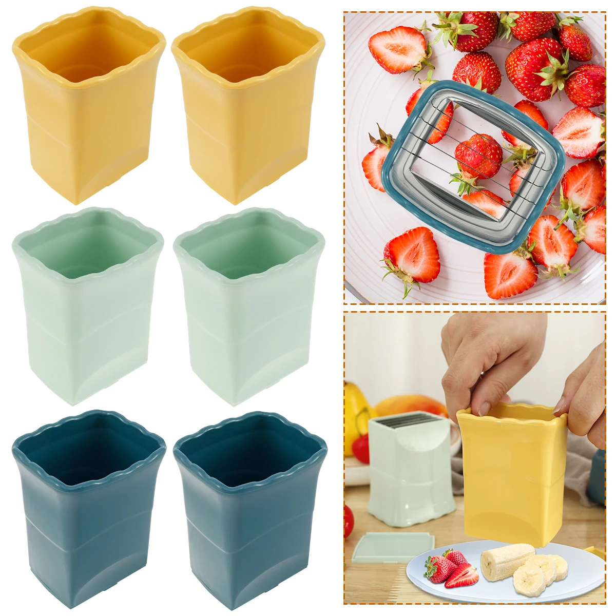 

6Pcs Reusable Fruit Slicer with Stainless Steel Blade Mini Portable Egg Cutter Cup Slicer Handheld Strawberry Banana Cutter