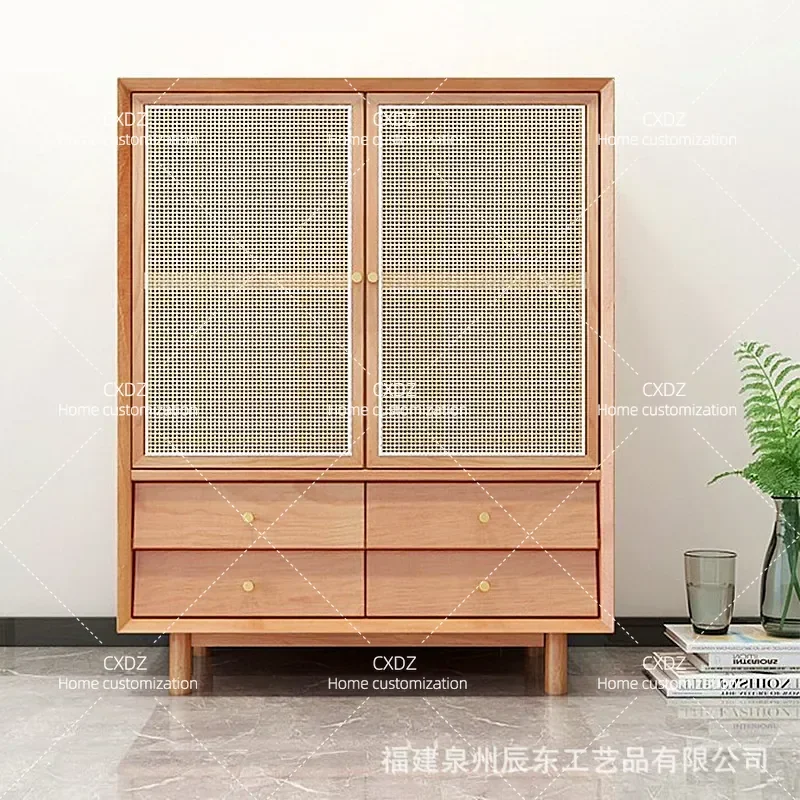 Nordic Solid Wood Rattan Wardrobe Double Door Bedroom Storage Cabinet Creative Home Furniture Organizer Closet
