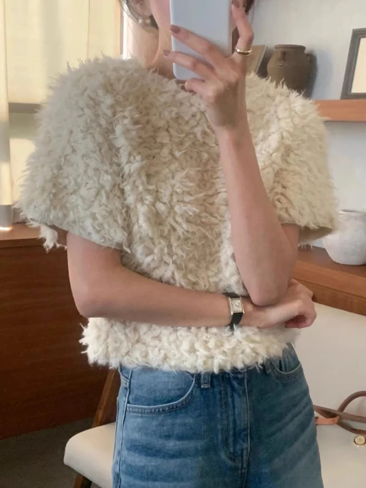 Plush Fur Outerwears Round Neck Short Sleeve Sweater Loose All-match Ropa Mujer Lambswool Pullovers Korean Fashion Pull Femmes