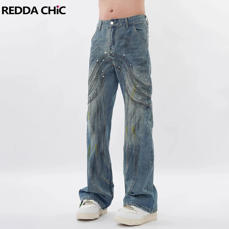 REDDACHiC Hiphop Men Splash Ink Flare Jeans Patchwork Vintage Wash Bleached Low Rise Relaxed Bootcut Pants Y2k Korean Streetwear