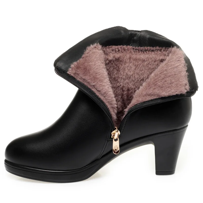 6cm 7.5cm British Style Elegant Soft Leather Boots Women\'s Block Med heels Shoes 2025 Winter Black Warm Short Fur Ankle Boots