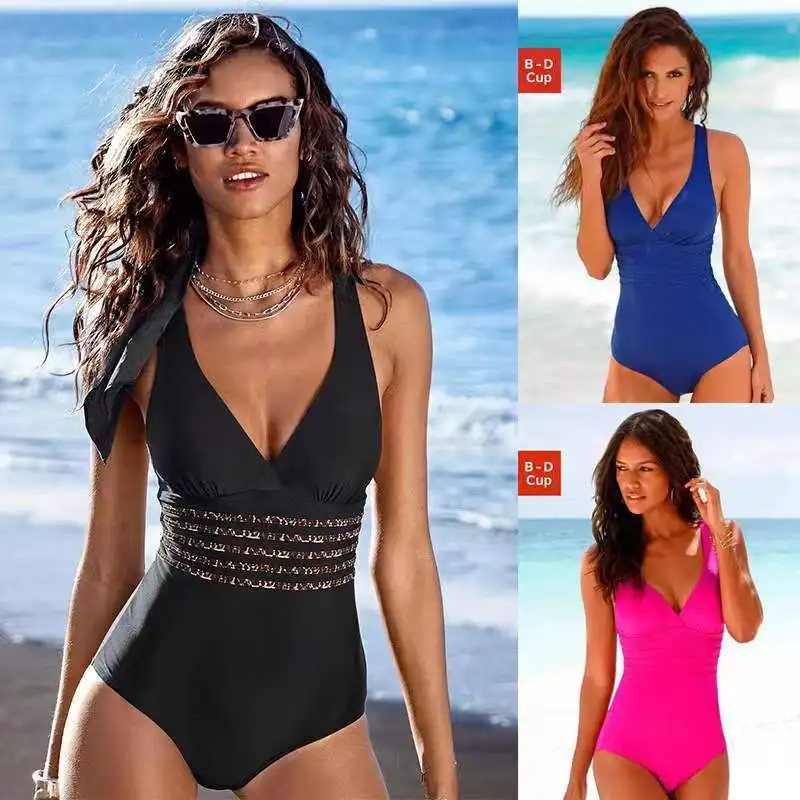 

New style solid color one-piece swimsuit with multiple straps and cross-back design