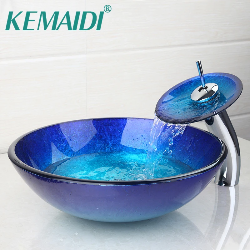 KEMAIDI Bathroom Round Bule Tempered Glass Oval Wash Basin W/ORB brushed Faucet Sink Combo Set + Pop Up Sink Drain