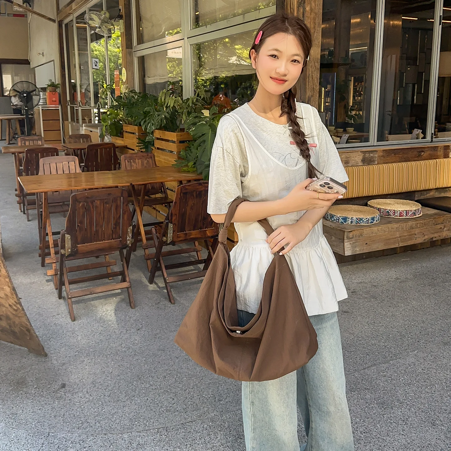 Women Nylon Hobo Bag Ladies Casual Shoulder Purse Large Capacity Daily Travel Handbag Soft Lightweight Tote with Triangle Shape