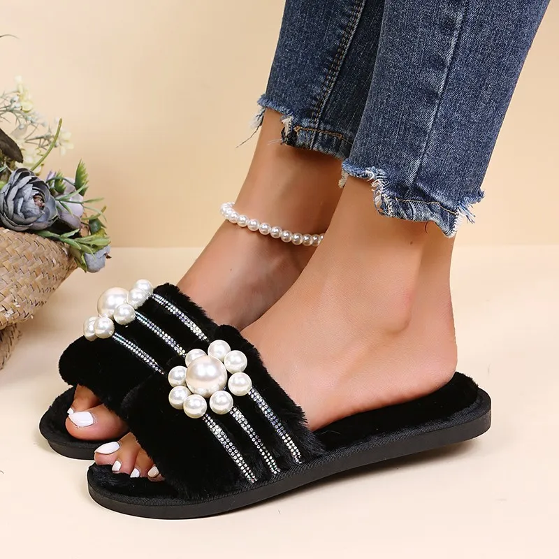 Zapatillas de ocio para mujer, zapatos informales de tacón bajo y plano, zapatos básicos para mujer, sandalias de verano con cuentas de hilo de perlas de piel sólida de talla grande