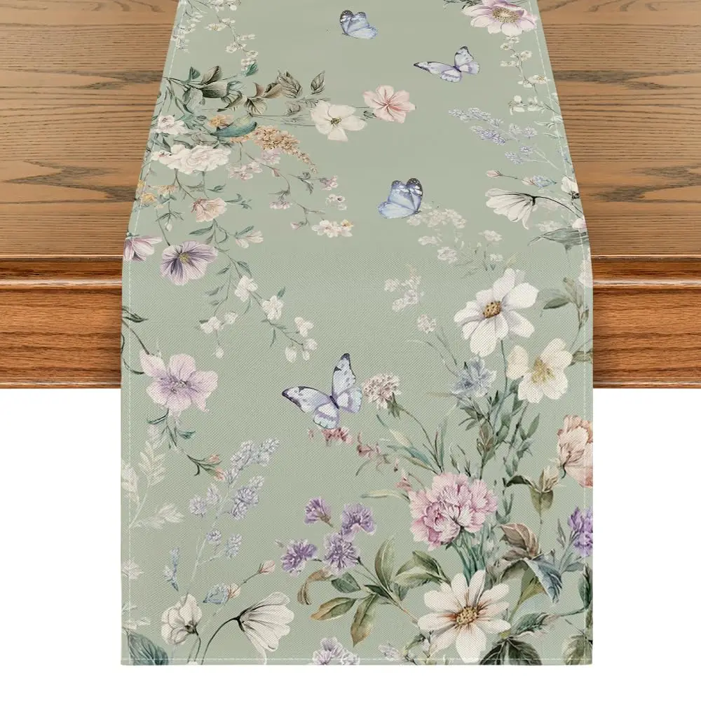 

Green Floral Wildflower Leaf Spring Table Runner, Seasonal Summer Kitchen Dining Table Decoration for Home Party Decor