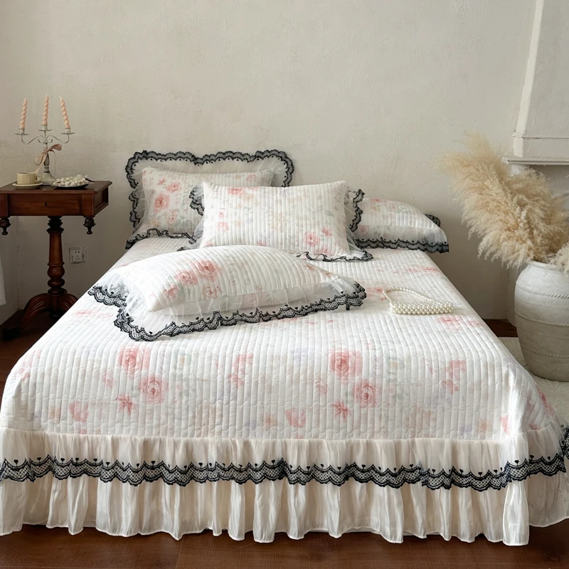 AI WINSURE-Printed Cotton Bedspread Set, Queen Size Bed Sheet, with 2 Pillowcases, Elegant Lace Double Coverlet, 3PCS