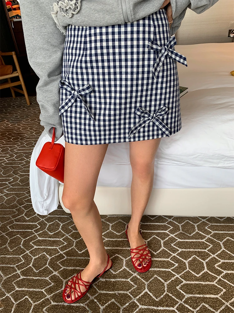 Юбка-трапеция женская, новый дизайн 2025 года, клетчатая юбка с запахом и узлом, креативная персонализированная юбка из полиэстера и хлопка...