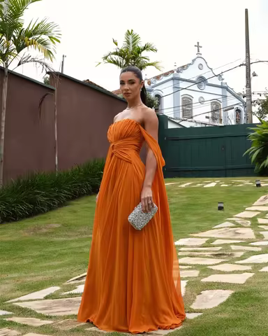 Customized Orange Off Shoulder Shawl Prom Dresses Sleeveless vestidos de noiva Draped Strapless Evening Dress 2025