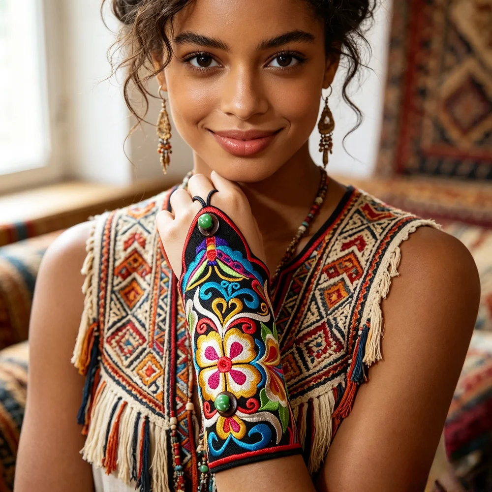 Embroidered Ethnic Wrist Cuffs – Traditional Auspicious Pattern Sleeve Covers, A Symbolic & Stylish Accessory for Everyday Wear