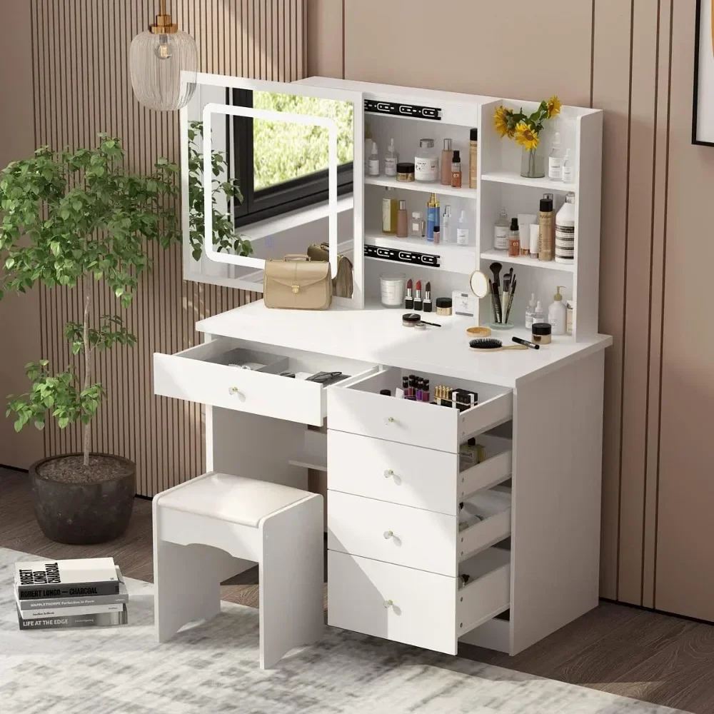 

Vanity Desk Set with Lighted Sliding Mirror, 3 Colors LED, Drawers, Shelves & Stool, White Dressing Desk