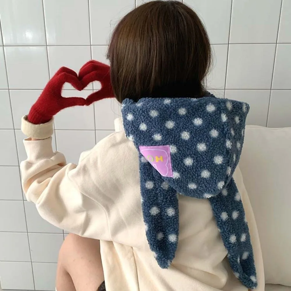 Integrated Design Hooded Scarf Hat Thermal Fabric Soft Fluffy Polka Dot Beanie Pull On Thick Fleece Hooded Scarf Fashion Women