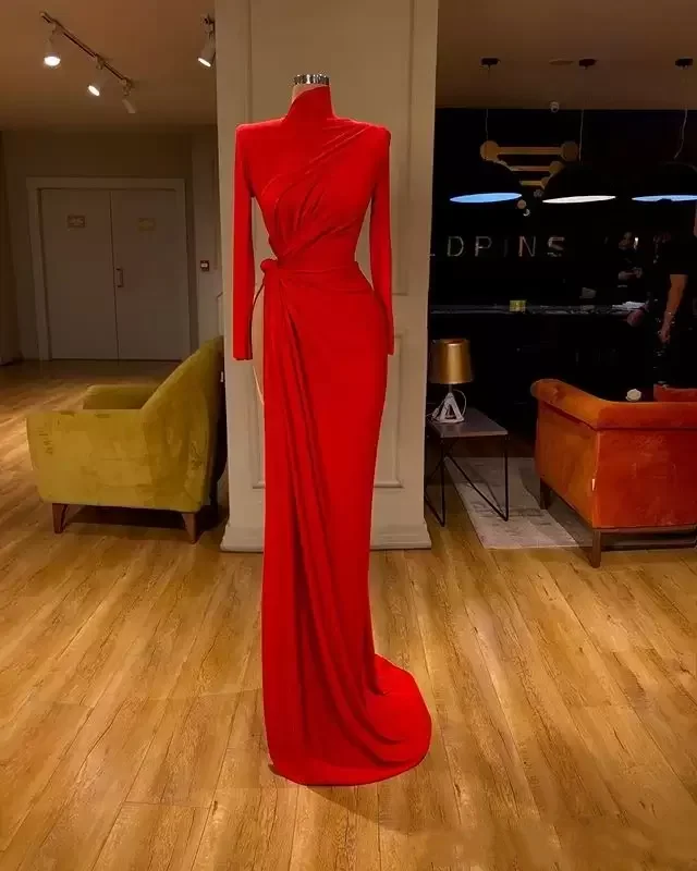 Sexy Arabi Red Mermaid Prom Dresses High Neck Long Sleeves Evening Gown Side Split Formal Party Bridesmaid Dress Custom Made