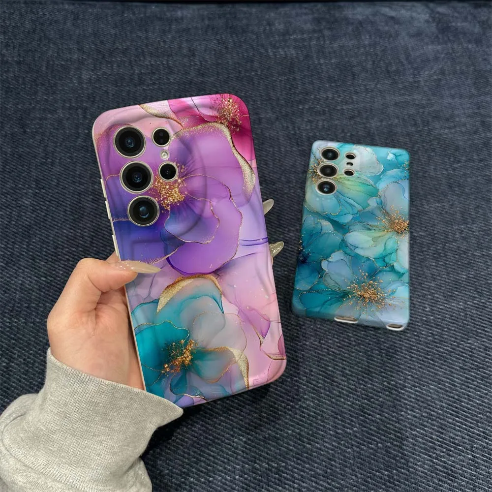 Чехол для телефона Samsung Galaxy S21 S23 S24 S25 S26 FE Lite Plus Ultra 5G с синим цветочным золотым узором и эффектом волновой пленки