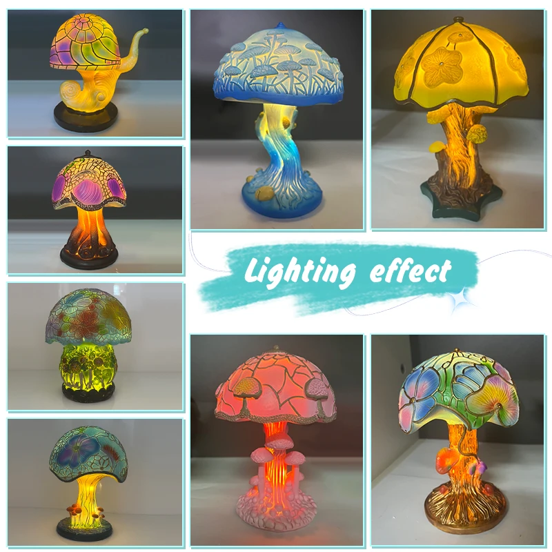 Creative Stained Mushroom Table Lamp, Vintage Plant Flower Series, Colorful Bedroom Bedside Atmosphere, Night Light, Home Decor