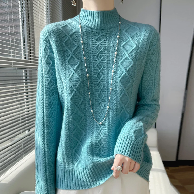 DjzDsm Jesienno-zimowy zagęszczony sweter z golfem dla kobiet 100% wełna merynosów Lozenge Check Knit Jumper Koreański top termiczny
