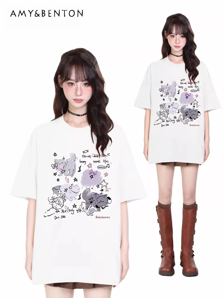 

Summer New Japanese Sweet Girl Cute Cat Letter Print Loose Casual White Apricot Blue Black Round Neck Short-sleeved T-shirt