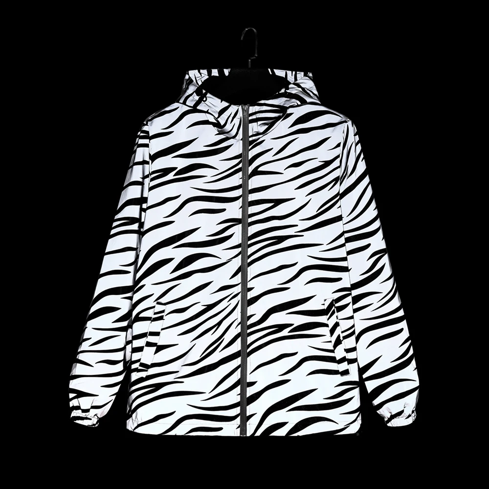 

Night Reflective Jacket Men's Spring New Zebra Pattern Fashion Hip-hop Streetwear Riding Running Outdoor Windproof Hooded Coats