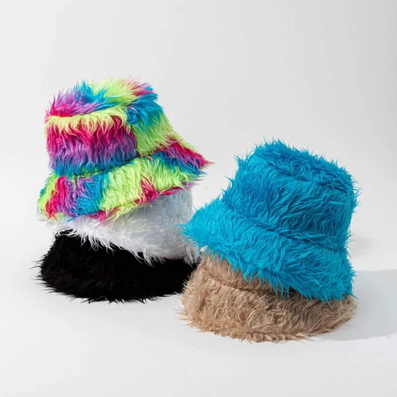 2024 Barrel Caps Funny Fashion Autumn Winter Leopard Fur Bucket Hats Ball Plush Fisherman Hat Soft Warm Thick Basin Bucket Hats